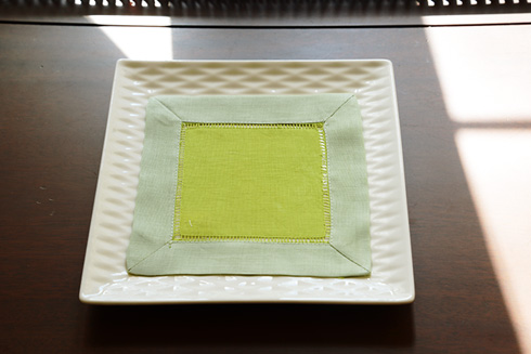 Multicolor Hemstitch cocktail napkin 6". Hot Green & Fog Green - Click Image to Close